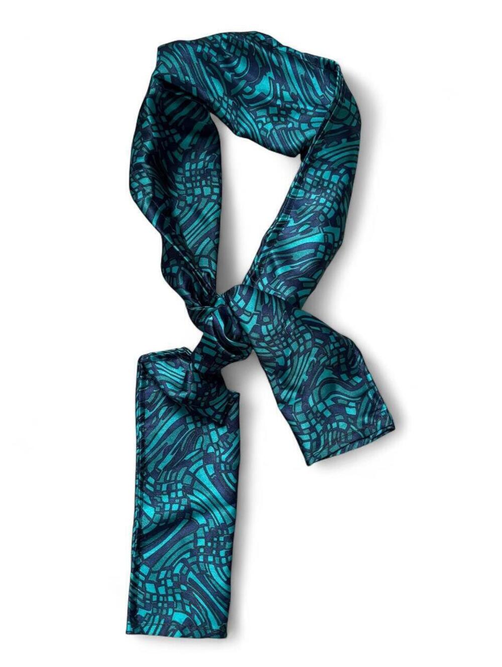 Handmade Teal Navy Satin Skinny Scarf Abstract Twilly Style
